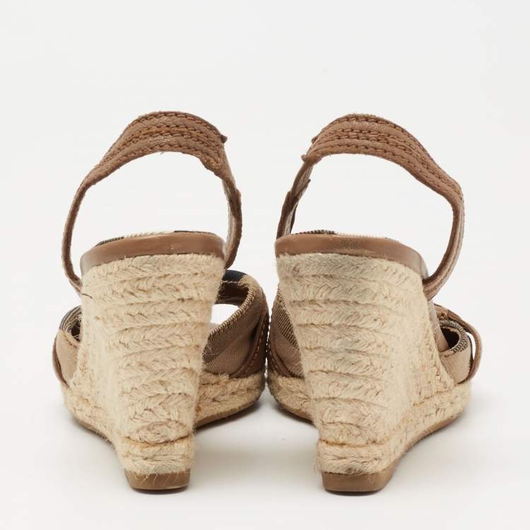 Pre Owned Burberry Brown Leather And Novacheck Canvas Espadrille Wedge Sandals Size 38