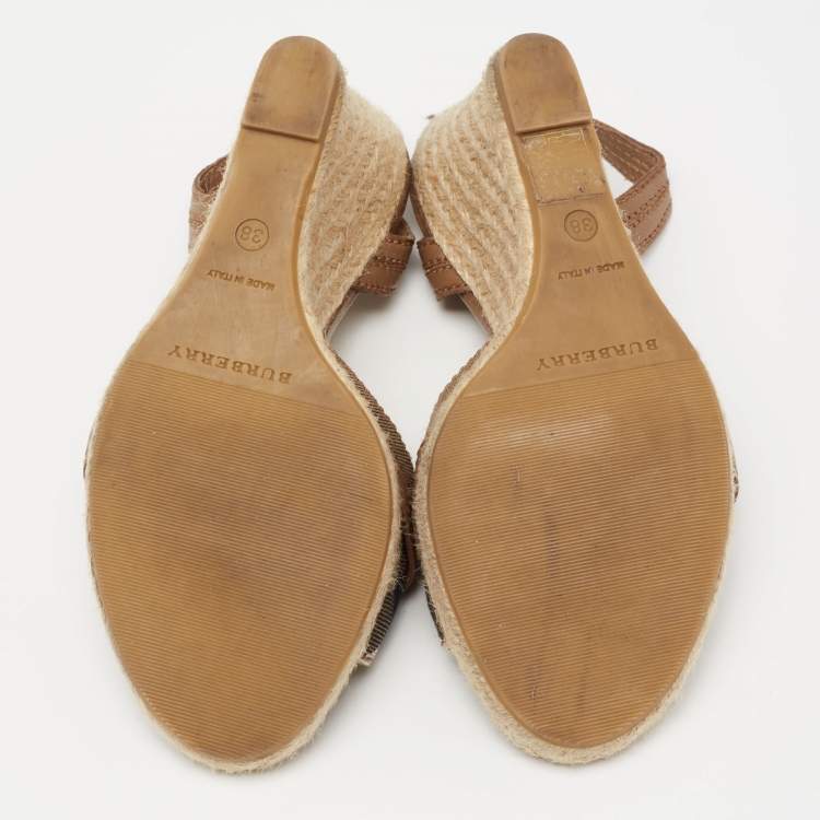 Pre Owned Burberry Brown Leather And Novacheck Canvas Espadrille Wedge Sandals Size 38