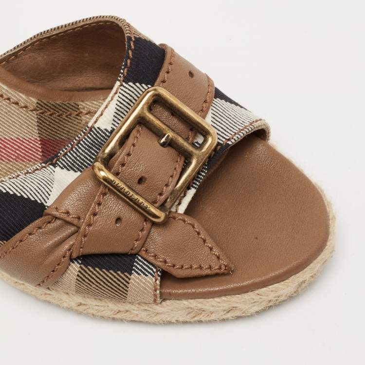 Pre Owned Burberry Brown Leather And Novacheck Canvas Espadrille Wedge Sandals Size 38