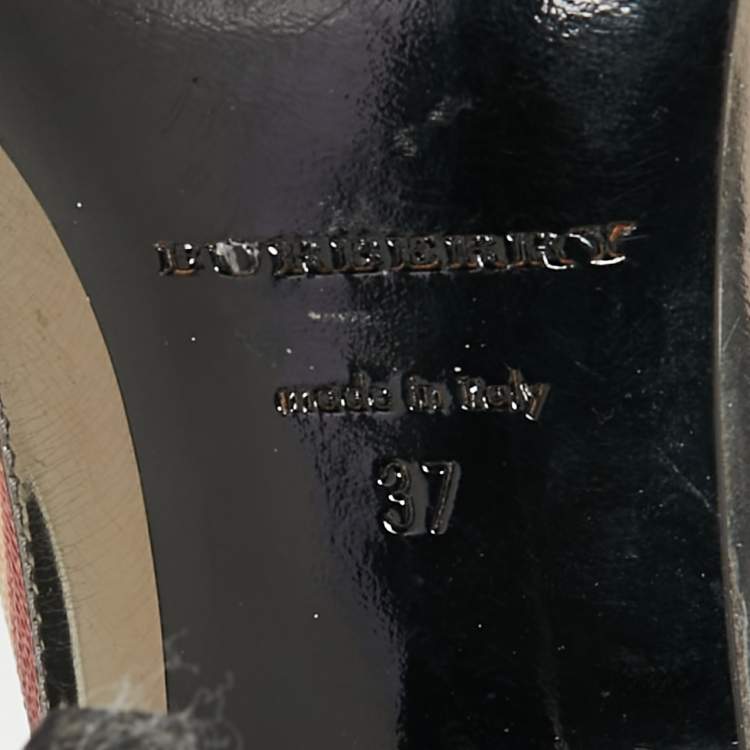 Pre Owned Burberry Metallic Grey Leather And House Check Canvas Buckle Peep Toe Pumps Size 37