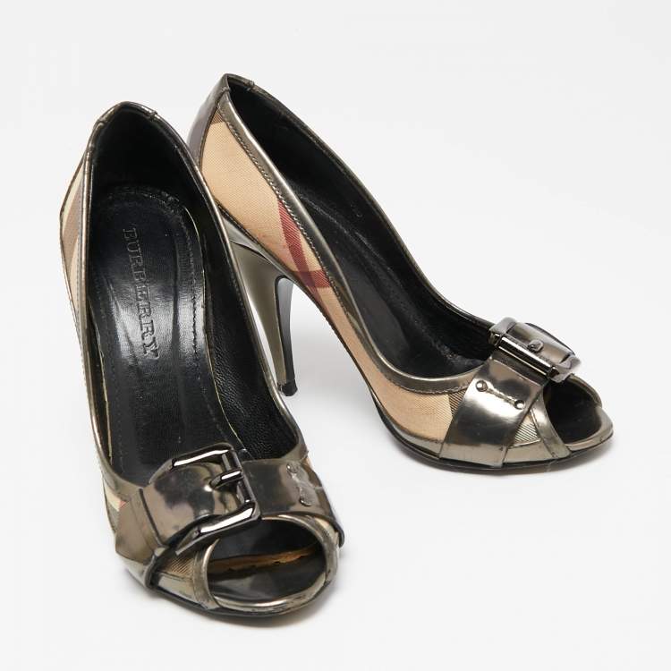 Pre Owned Burberry Metallic Grey Leather And House Check Canvas Buckle Peep Toe Pumps Size 37
