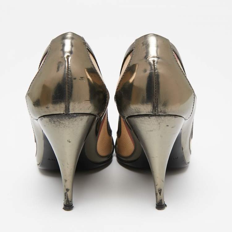 Pre Owned Burberry Metallic Grey Leather And House Check Canvas Buckle Peep Toe Pumps Size 37