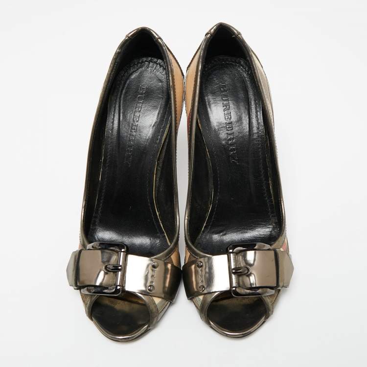 Pre Owned Burberry Metallic Grey Leather And House Check Canvas Buckle Peep Toe Pumps Size 37
