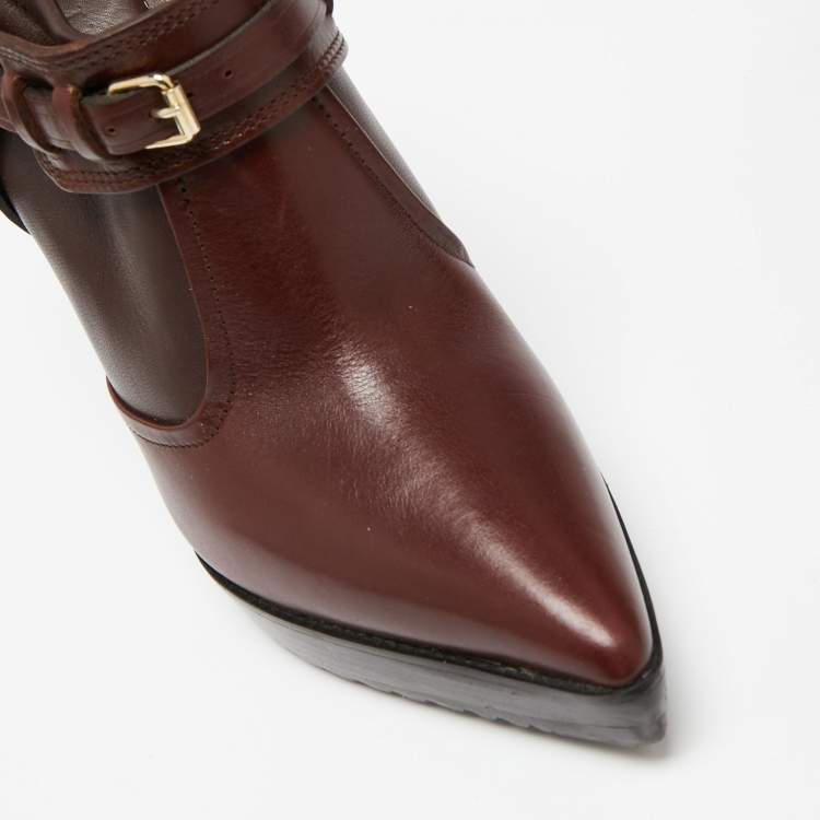 Pre Owned Burberry Burgundy Leather Buckle Details Booties Size 39