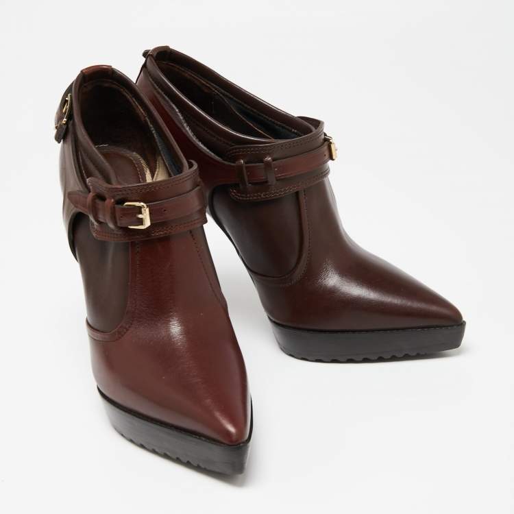 Pre Owned Burberry Burgundy Leather Buckle Details Booties Size 39