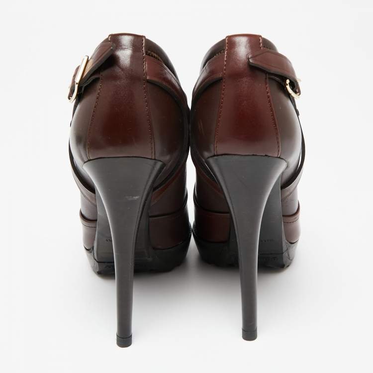 Pre Owned Burberry Burgundy Leather Buckle Details Booties Size 39