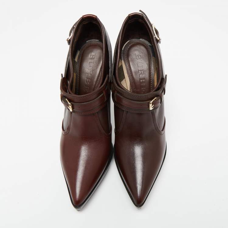 Pre Owned Burberry Burgundy Leather Buckle Details Booties Size 39