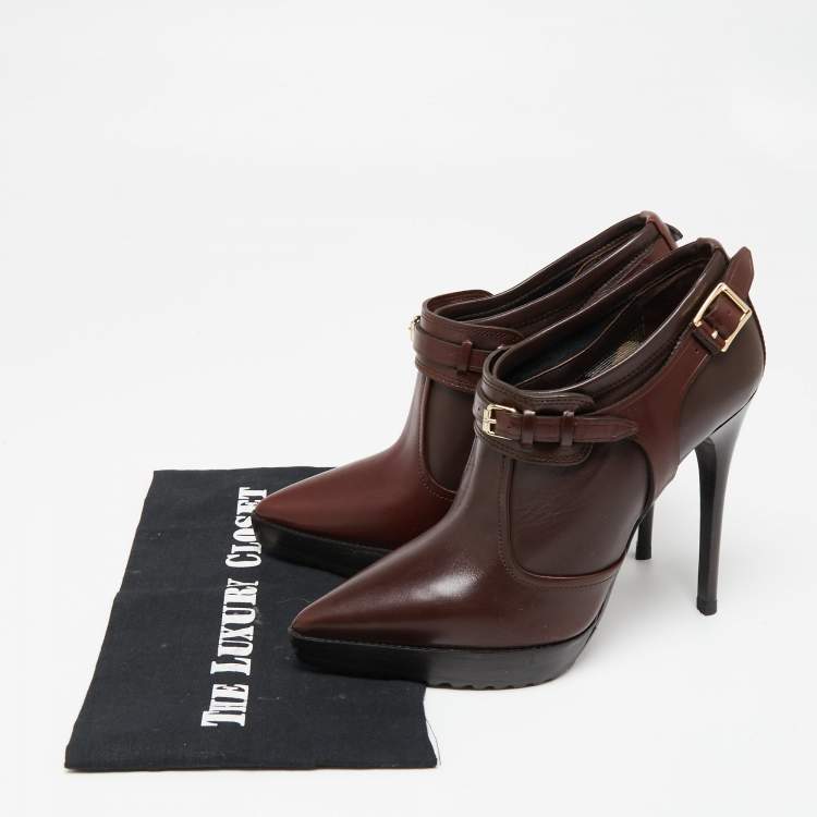 Pre Owned Burberry Burgundy Leather Buckle Details Booties Size 39