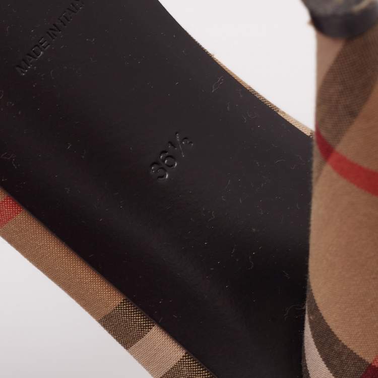 Pre Owned Burberry Beige House Check Fabric T Strap Cone Heel Sandals Size 36.5 