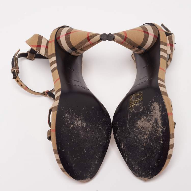 Pre Owned Burberry Beige House Check Fabric T Strap Cone Heel Sandals Size 36.5 