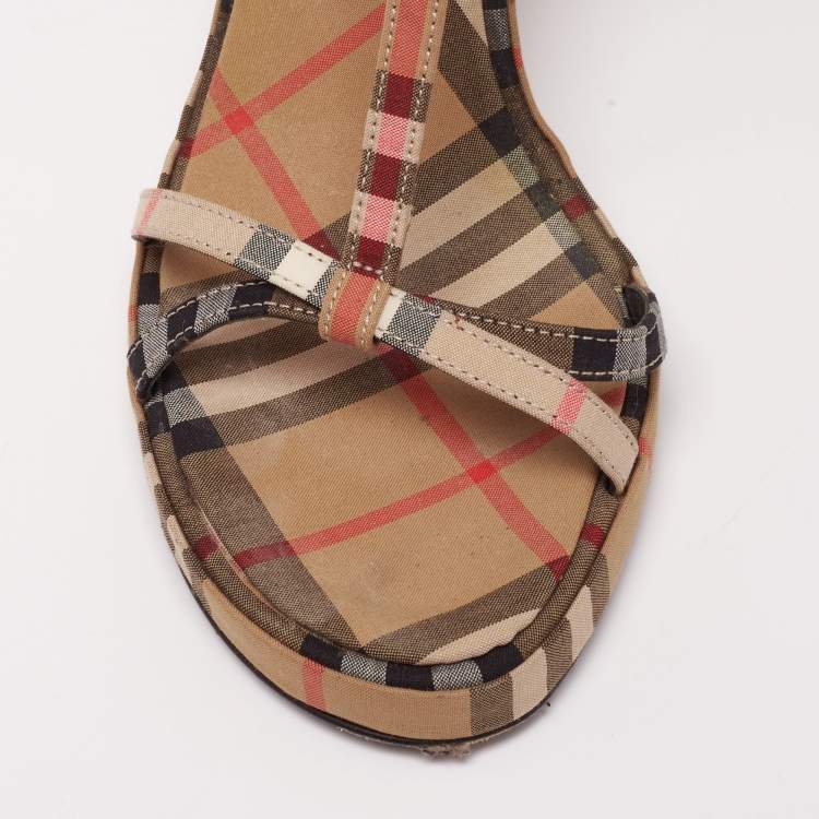 Pre Owned Burberry Beige House Check Fabric T Strap Cone Heel Sandals Size 36.5 