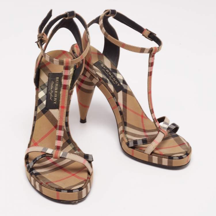 Pre Owned Burberry Beige House Check Fabric T Strap Cone Heel Sandals Size 36.5 