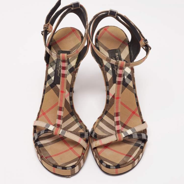 Pre Owned Burberry Beige House Check Fabric T Strap Cone Heel Sandals Size 36.5 