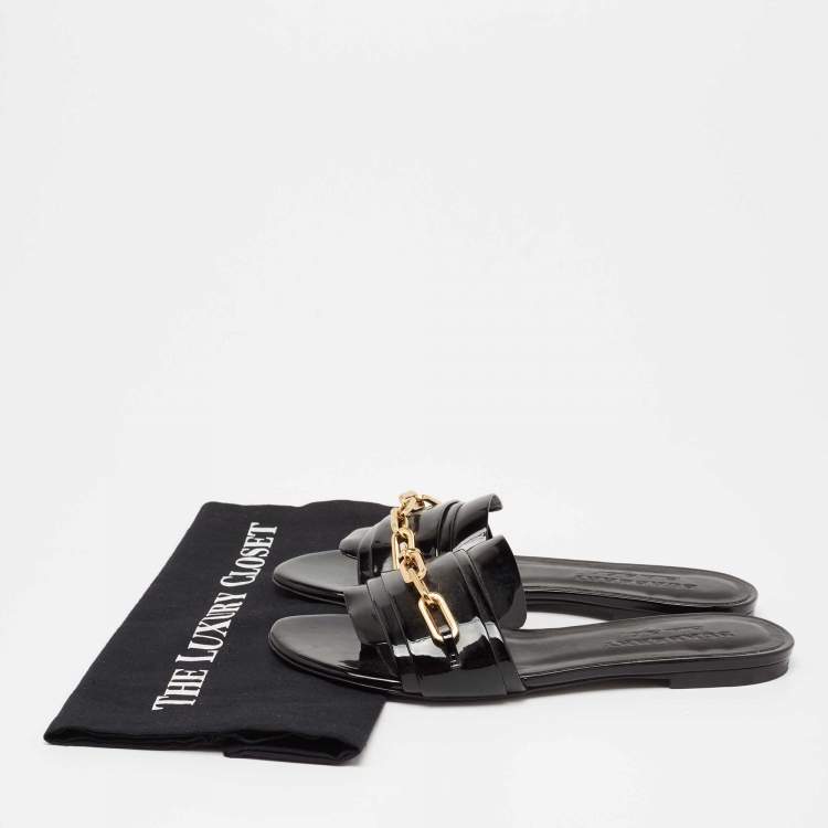 Pre Owned Burberry Black Patent Leather Chain Detail Flat Slides Size 38