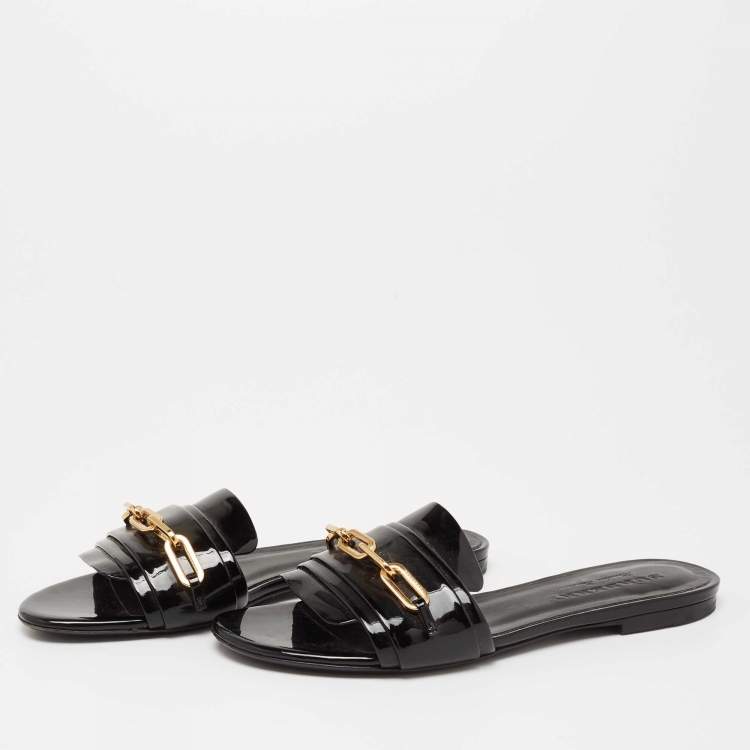 Pre Owned Burberry Black Patent Leather Chain Detail Flat Slides Size 38