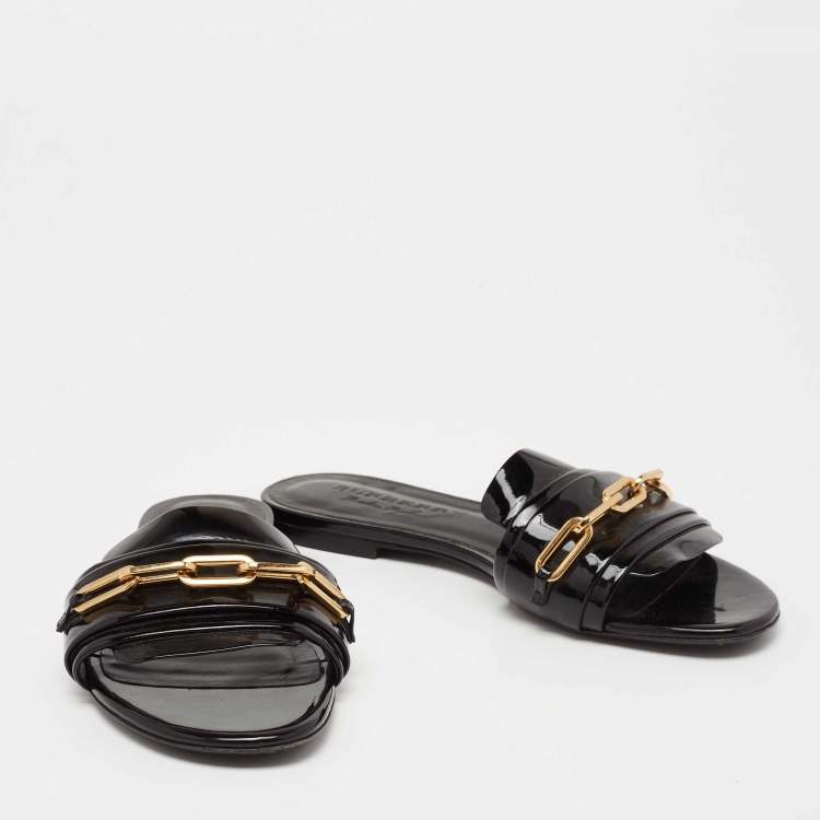 Pre Owned Burberry Black Patent Leather Chain Detail Flat Slides Size 38