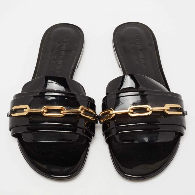 Pre Owned Burberry Black Patent Leather Chain Detail Flat Slides Size 38