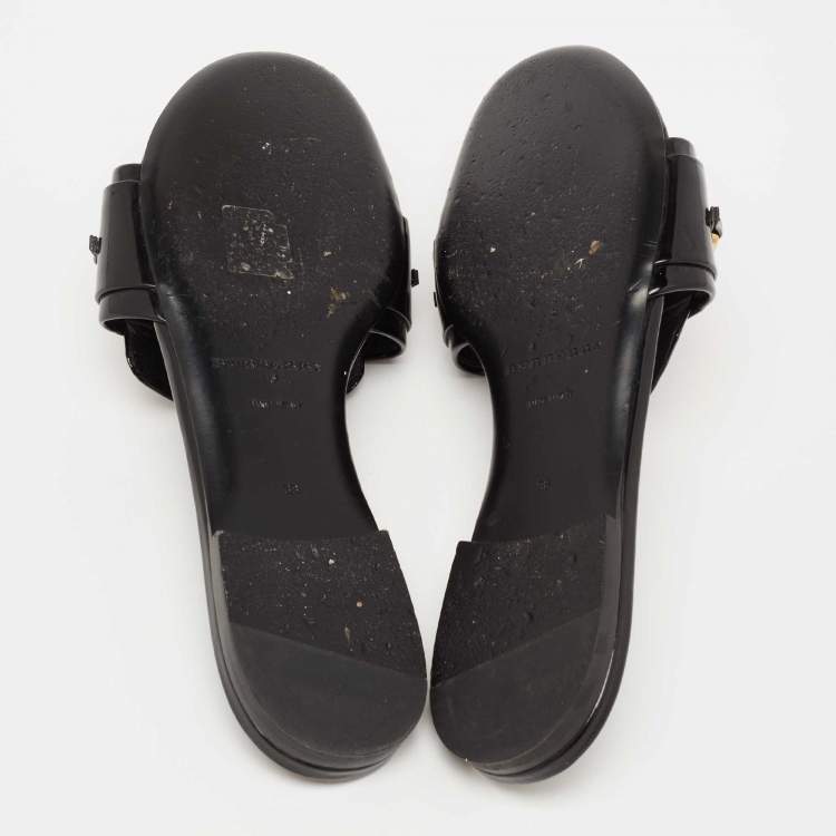 Pre Owned Burberry Black Patent Leather Chain Detail Flat Slides Size 38