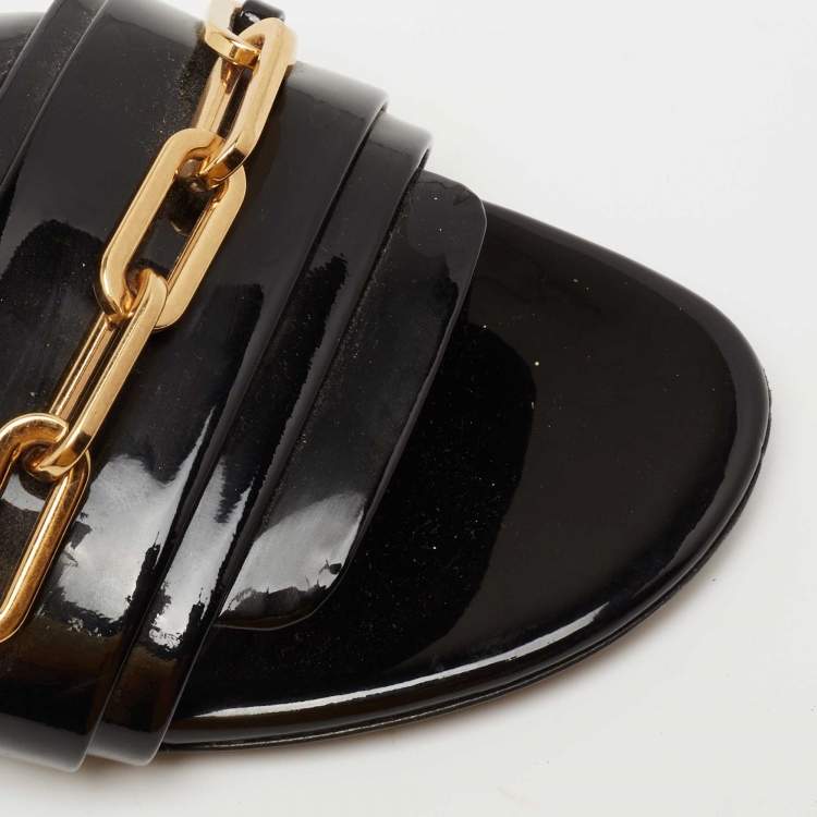 Pre Owned Burberry Black Patent Leather Chain Detail Flat Slides Size 38