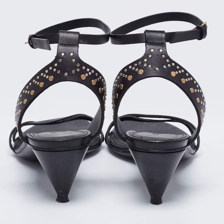 Pre Owned Burberry Black Leather Embellished Crisscross Ankle Strap Sandals Size 37