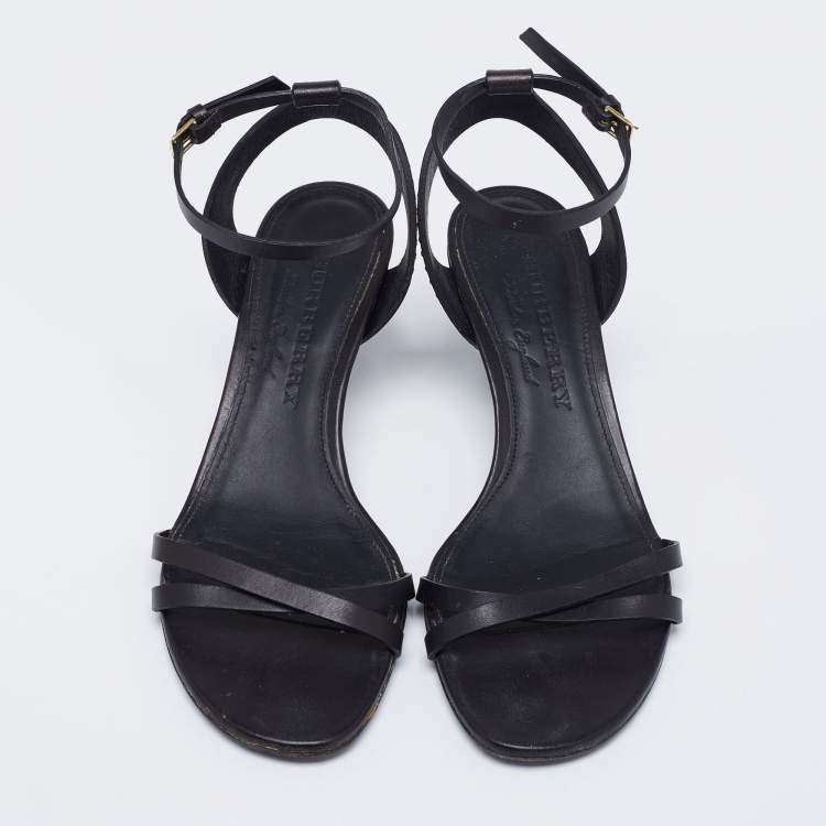 Pre Owned Burberry Black Leather Embellished Crisscross Ankle Strap Sandals Size 37
