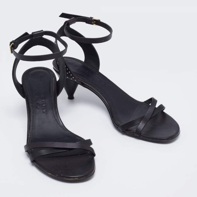 Pre Owned Burberry Black Leather Embellished Crisscross Ankle Strap Sandals Size 37