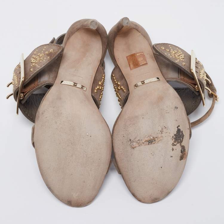 Pre Owned Burberry Grey Suede Studded Padstow Ankle-Wrap Sandals Size 37