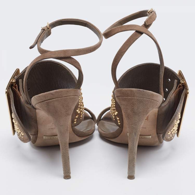 Pre Owned Burberry Grey Suede Studded Padstow Ankle-Wrap Sandals Size 37