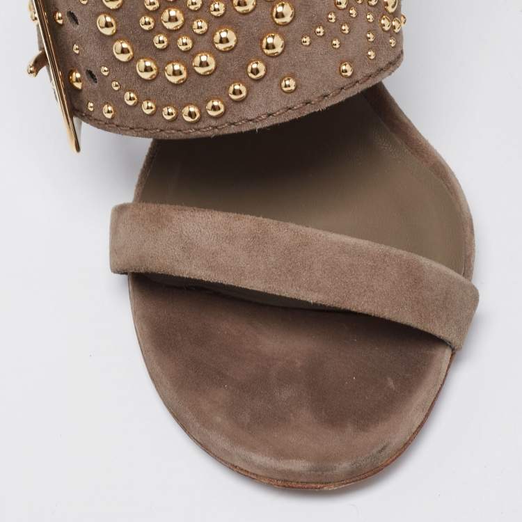 Pre Owned Burberry Grey Suede Studded Padstow Ankle-Wrap Sandals Size 37