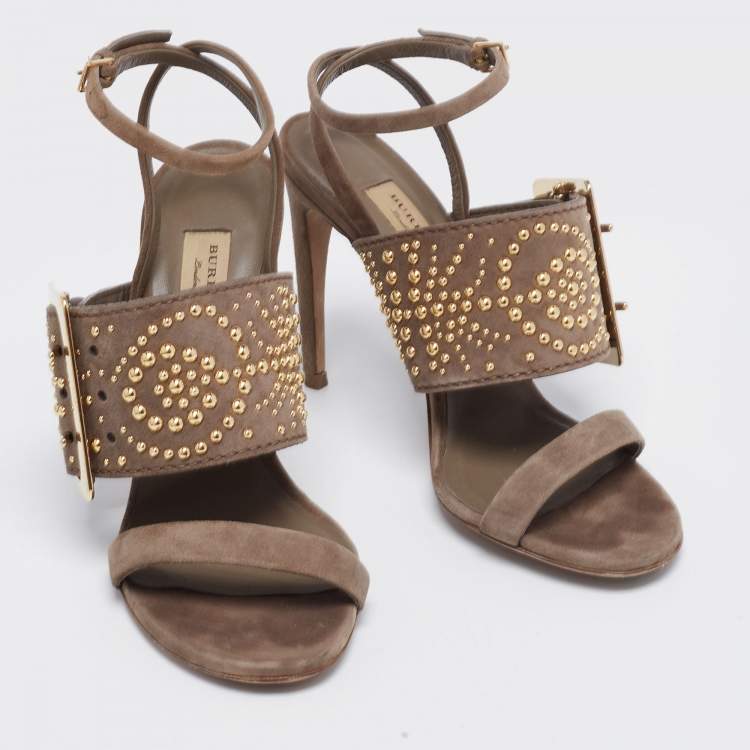 Pre Owned Burberry Grey Suede Studded Padstow Ankle-Wrap Sandals Size 37