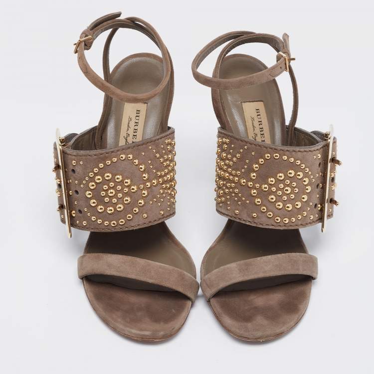 Pre Owned Burberry Grey Suede Studded Padstow Ankle-Wrap Sandals Size 37