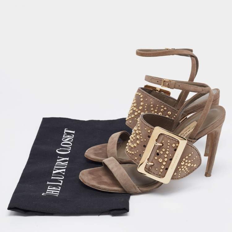 Pre Owned Burberry Grey Suede Studded Padstow Ankle-Wrap Sandals Size 37