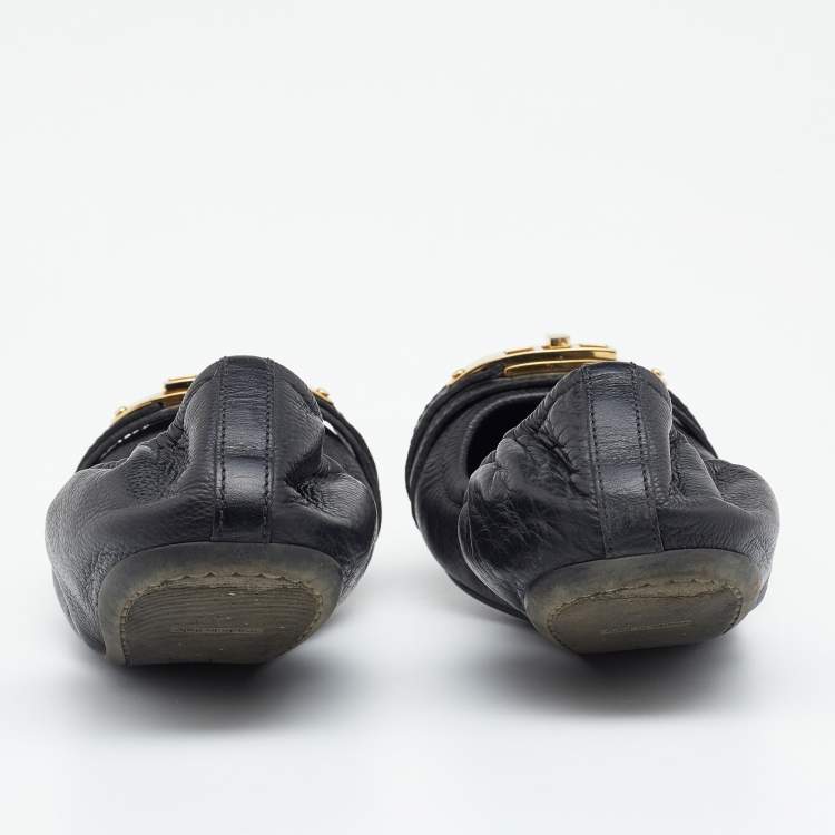 Pre Owned Burberry Black/Beige Leather And Coated Canvas Cap Toe Scrunch Ballet Flats Size 37