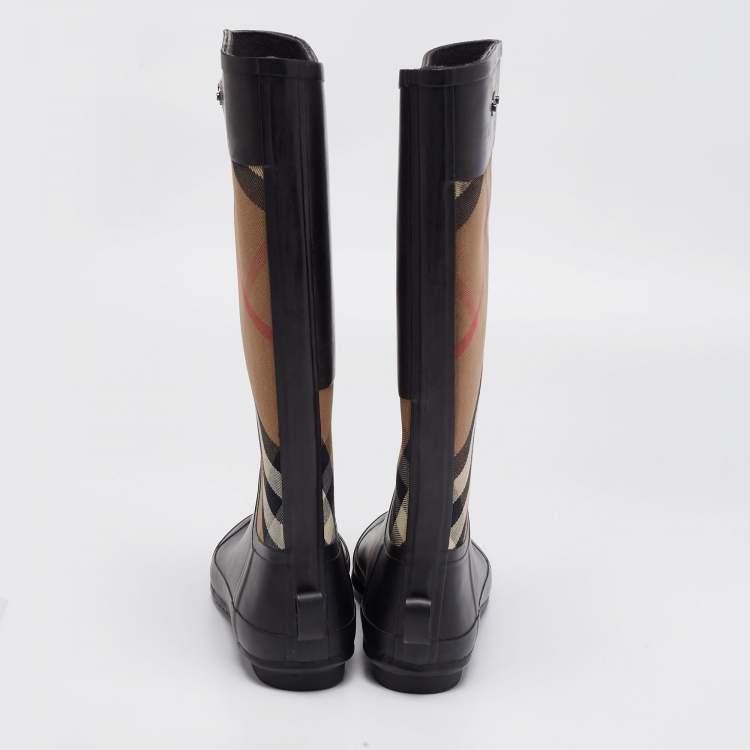 Pre Owned Burberry Black/Beige House Check Canvas And Rubber Clemence Rain Boots Size 38