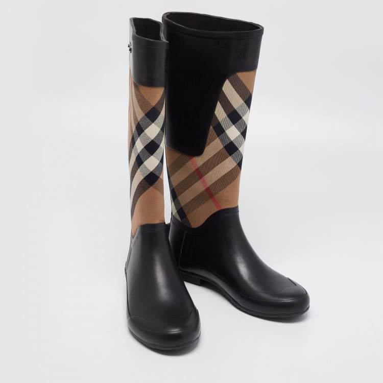 Pre Owned Burberry Black/Beige House Check Canvas And Rubber Clemence Rain Boots Size 38