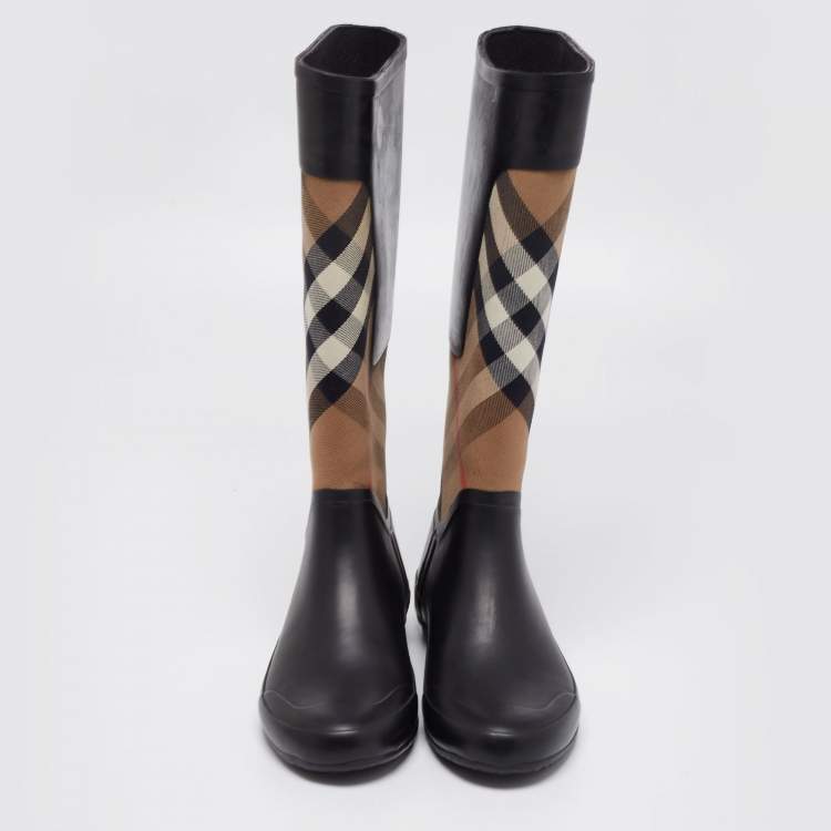 Pre Owned Burberry Black/Beige House Check Canvas And Rubber Clemence Rain Boots Size 38