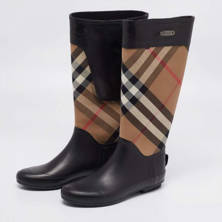 Burberry Black/Beige House Check Canvas And Rubber Clemence Rain Boots Size  38 Burberry | TLC