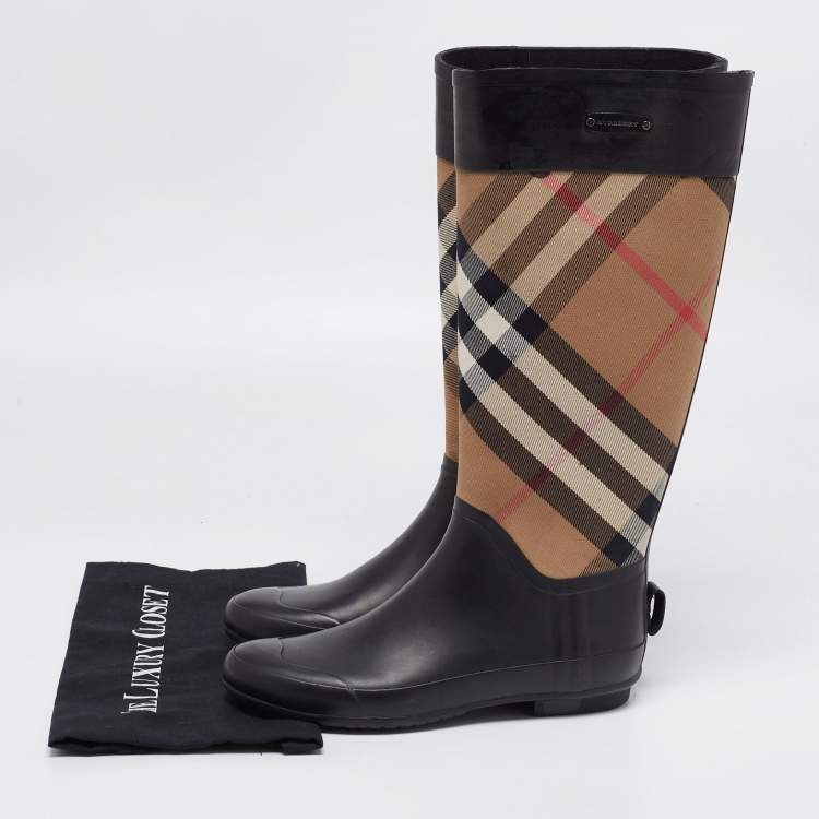 Pre Owned Burberry Black/Beige House Check Canvas And Rubber Clemence Rain Boots Size 38