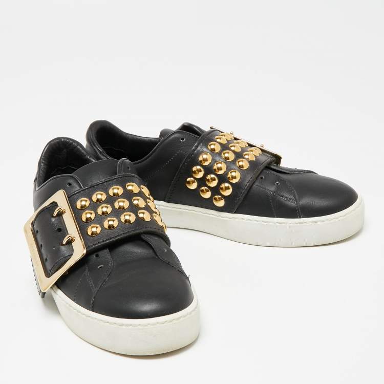 Pre Owned Burberry Black Leather Studded Slip On Sneakers Size 37.5