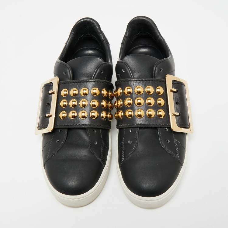 Pre Owned Burberry Black Leather Studded Slip On Sneakers Size 37.5