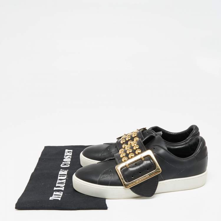 Pre Owned Burberry Black Leather Studded Slip On Sneakers Size 37.5