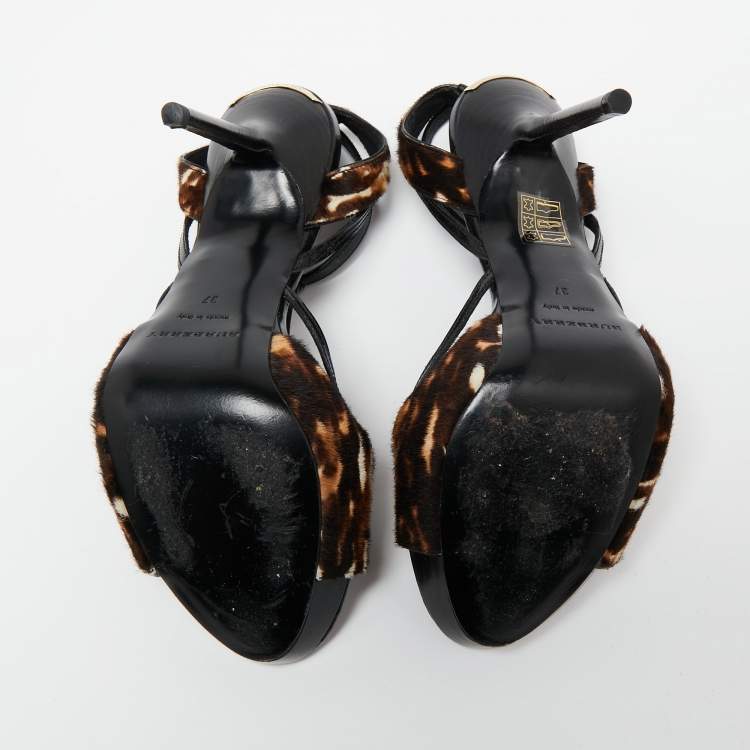 Pre Owned Burberry Brown Animal Print Pony Hair and Patent Leather T-Strap Sandals Size 37