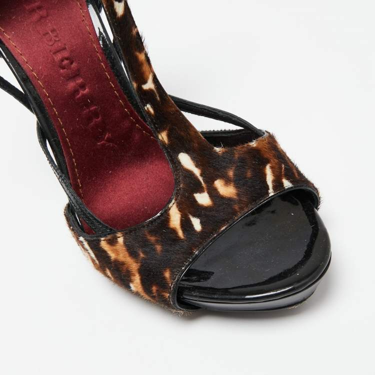 Pre Owned Burberry Brown Animal Print Pony Hair and Patent Leather T-Strap Sandals Size 37