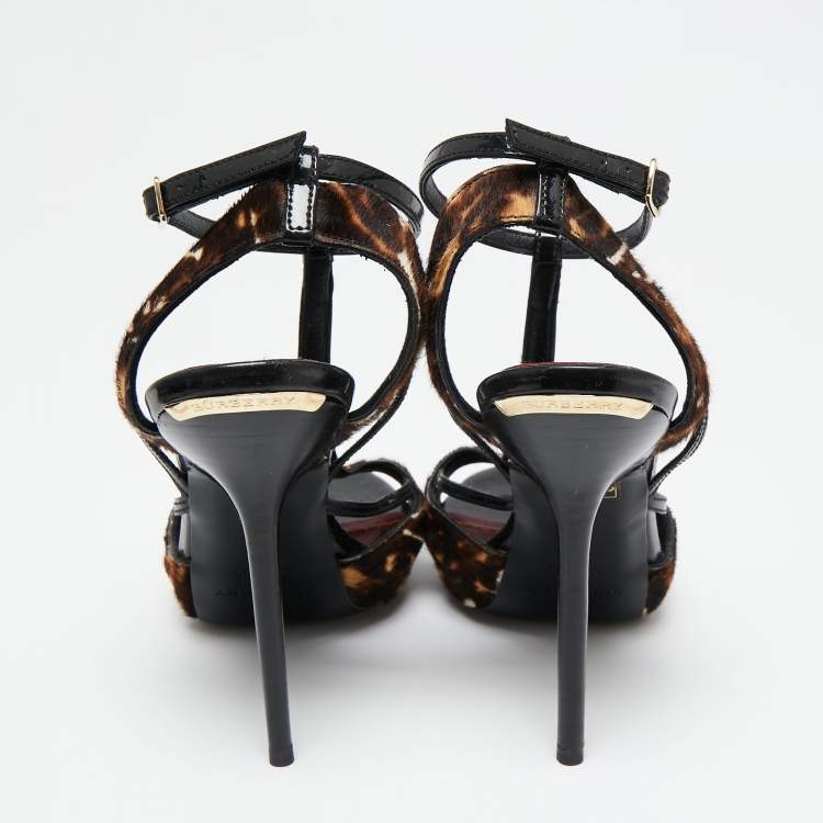 Pre Owned Burberry Brown Animal Print Pony Hair and Patent Leather T-Strap Sandals Size 37
