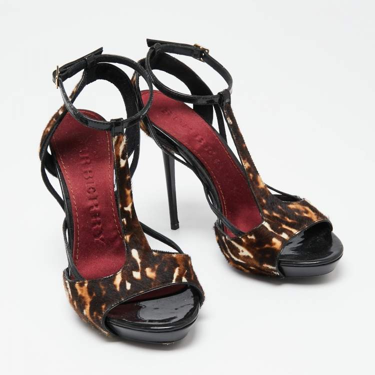 Pre Owned Burberry Brown Animal Print Pony Hair and Patent Leather T-Strap Sandals Size 37