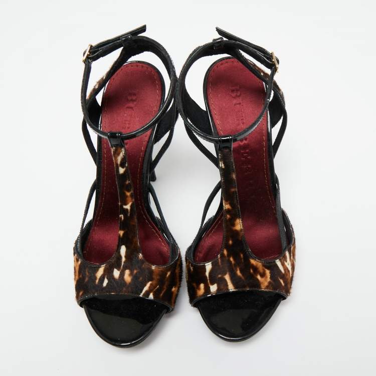 Pre Owned Burberry Brown Animal Print Pony Hair and Patent Leather T-Strap Sandals Size 37