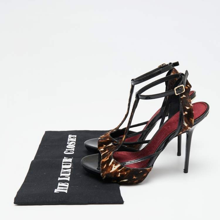 Pre Owned Burberry Brown Animal Print Pony Hair and Patent Leather T-Strap Sandals Size 37