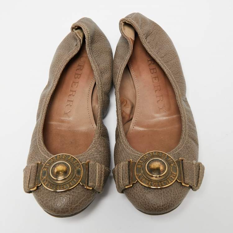 Pre Owned Burberry Dark Beige Leather Buckle Logo Scrunch Ballet Flats Size 39