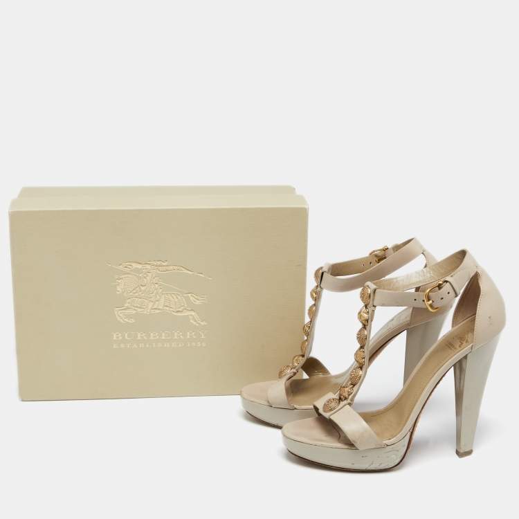 Pre Owned Burberry Grey Leather Embellished T-Strap Platform Sandals Size 38