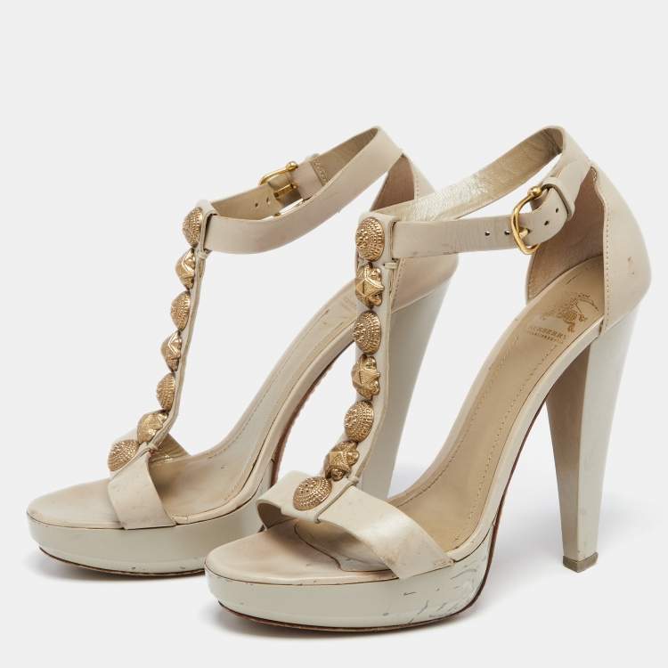 Pre Owned Burberry Grey Leather Embellished T-Strap Platform Sandals Size 38